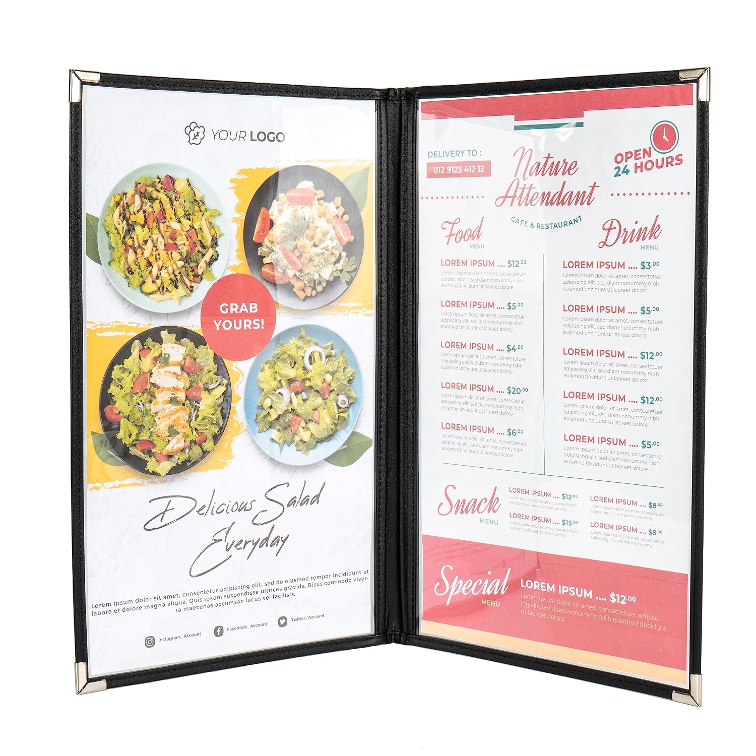 Menu Covers, Double Pages, 8.5" x 14" Legal Size, Black, Pack of 6 | 2 Pockets, 4 View, Black Edging + Silver Metal Corner, Made with Leatherette & Vinyl