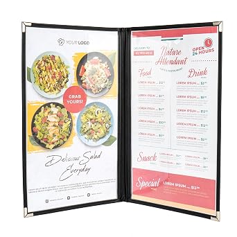 Menu Covers, Double Pages, 8.5" x 14" Legal Size, Black, Pack of 6