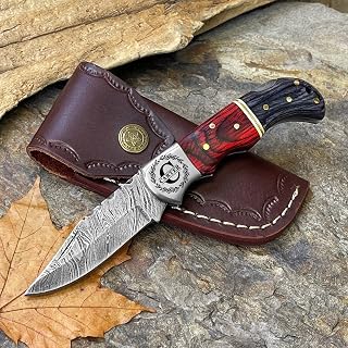 WINTERFELL Personalized Engraved Folding Pocket Knife for Men, Customized Christmas Gifts for Husband, Dad, Boyfriend, Damascus Steel Groomsman Gift Knives, 100% Handmade Knife with Leather Sheath