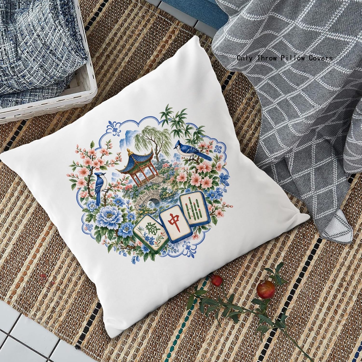 Blue Chinoiserie Floral Mahjong Throw Pillow Cover 18x18 image 2