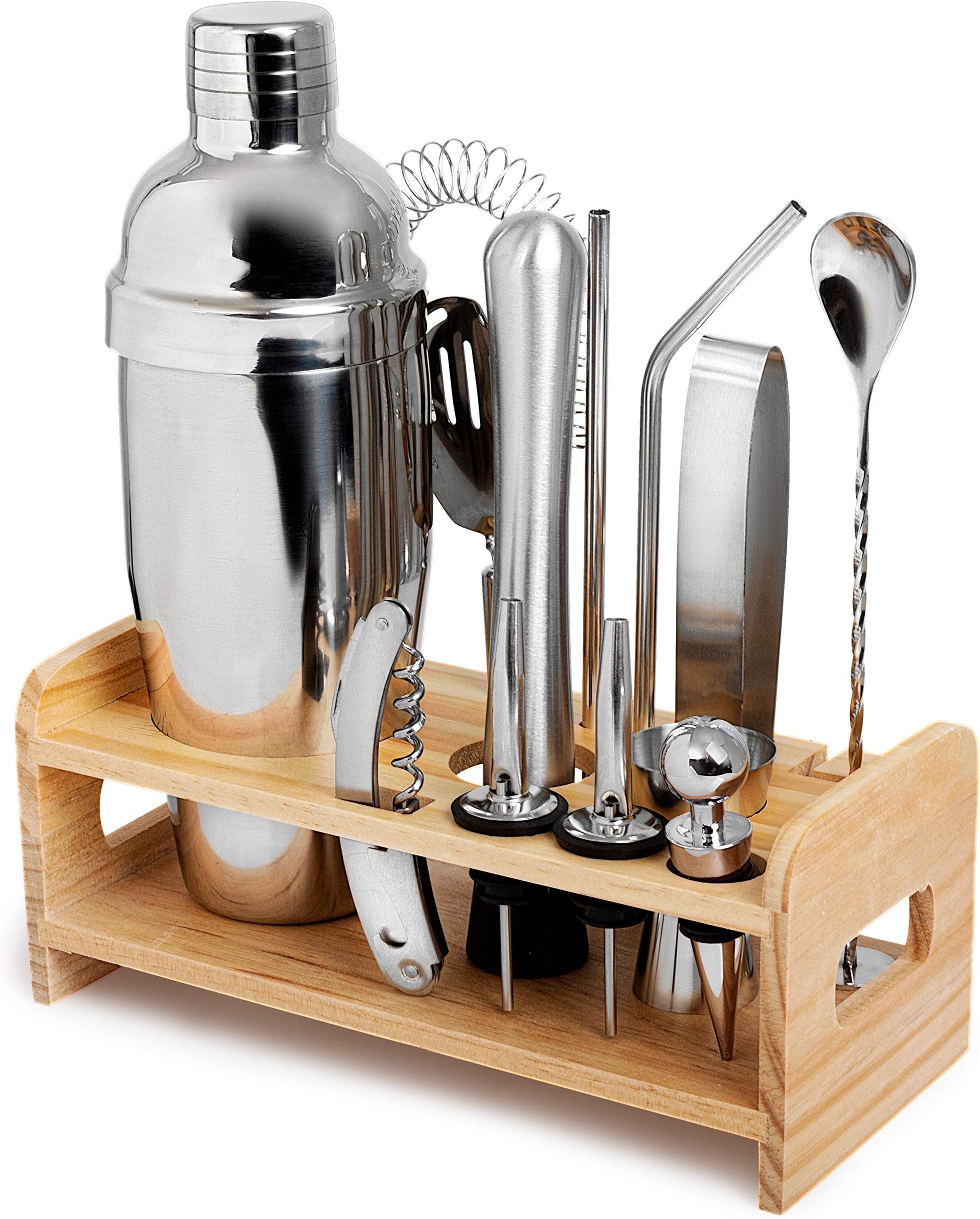 Complete Bartender Kit w/Cocktail Shaker & Bar Accessories - 13 Piece Mixology Bar Set - Includes Twisted Spoon, Muddler, Ice Tongs, Wine Opener, Other Bar Tools - Unlimited Drink Mixing Options