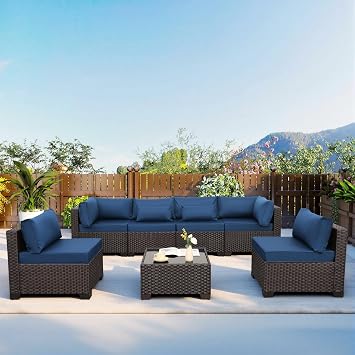 WAROOM Outdoor Patio Furniture Set 7 Pieces Wicker Sectional Sofa Brown Rattan Conversation Couch with Coffee Table, Anti-Slip Thick Nave Blue Cushion