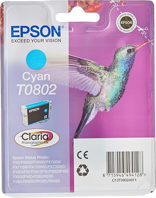 Epson T0802 Cyan Hummingbird Genuine Ink, Claria Photo HD Ink Cartridge