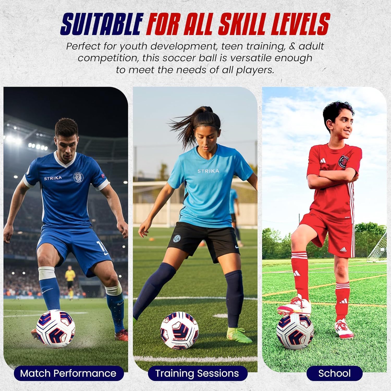 STRIKA Pro Quality PU Leather Soccer Ball Size 4 & Size 5 - Professional Match Soccerball | No-Thread Hybrid Bonded - Water Resistant - Adult & Youth Game Ball for Training - Matches & All Surfaces