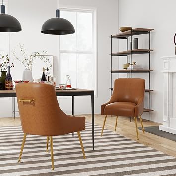 Dining Chairs Set of 2, Faux Leather Upholstered Chairs with Metal Legs | Modern Mid-Century Upholstered Kitchen Chair with Pull Handle,for living room,Bedroom,offices,Easy Assembly,Brown
