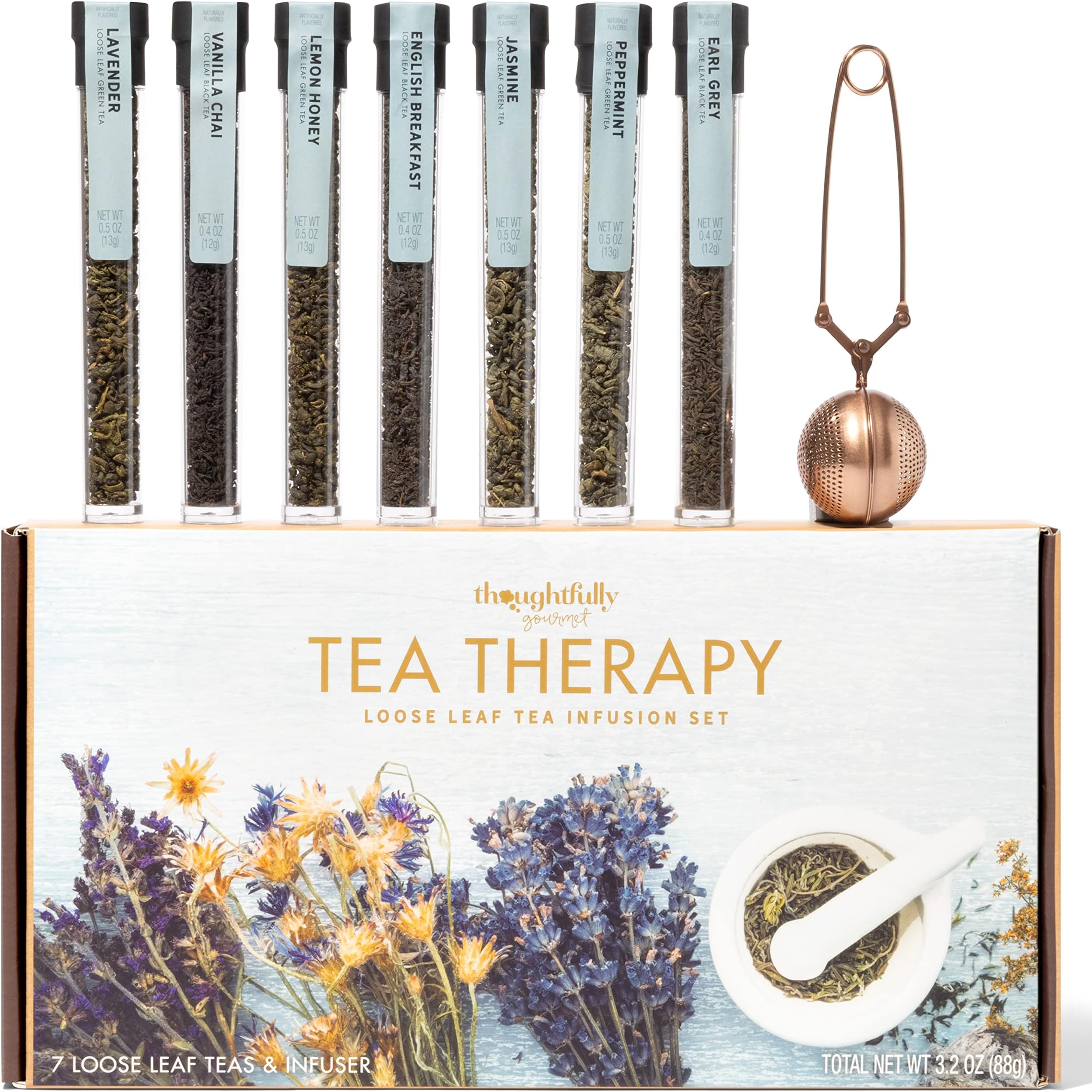 Thoughtfully Gourmet, Tea Therapy Infusion Gift Set, 7 Unique Flavors and Reusable Copper Ball Infuser, Loose Leaf Tea Set Flavors Include Peppermint, Jasmine, Vanilla Chai and More, Set of 7