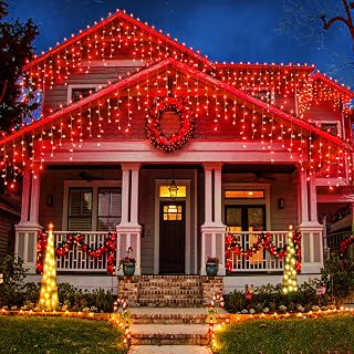 33ft Icicle Lights for Outside, Red Christmas Lights Outdoor Waterproof for House, 400 LED Twinkle Tree Lights with 75 Drops Clear Wire Short Curtain Light for Room Home Wall Indoor Decorations