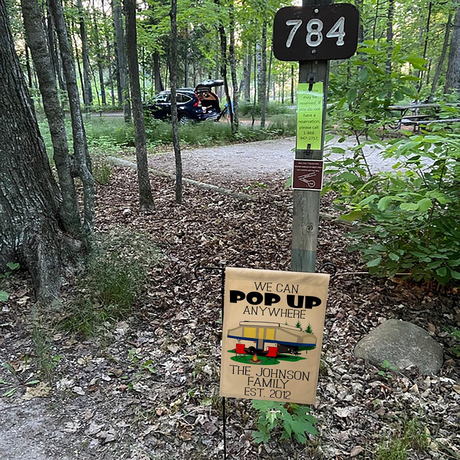 We Can Pop Up Anywhere Pop-up Camper Personalized Campsite Flag, Customize Your Way (White/Blue) Printed on Tan Fabric