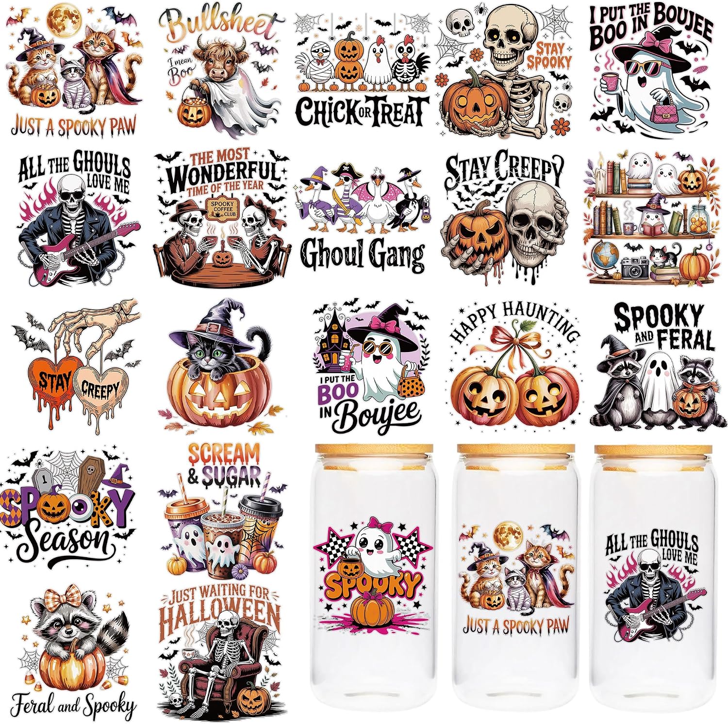 Halloween UV DTF Cup Wraps Transfer Stickers for Glass Cups, 20 Pcs