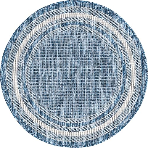 Vista 266 de Unique Loom - Colección Outdoor Border - Tapete para exteriores de borde suave - 5 pies 3 pulgadas x 8 pies, rectangular, azul/marfil azu/marfil