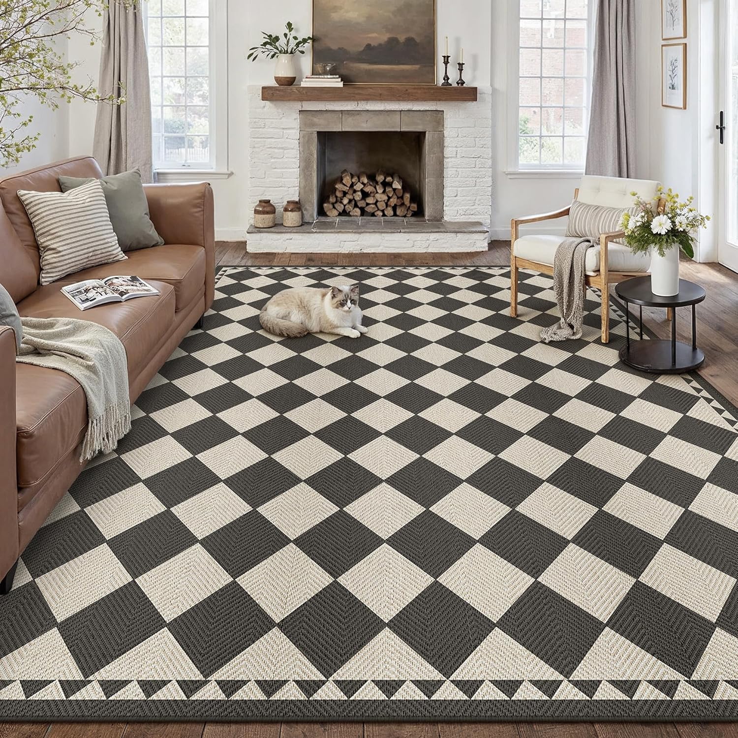 HUGEAR 8x10 Outdoor Rug Black/Beige Linen-Look Fabric Checkered Area Rug High Traffic Stain Resistant Easy Clean Durable Rugs for Indoor/Outdoor Patio Deck Balcony Porch Garden Courtyard