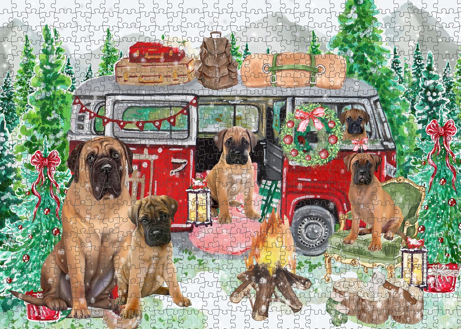 Christmas Time Camping with Bullmastiff Dogs Jigsaw Puzzle for Adults - Animal Printed Interlocking Puzzle Game Artwork - Gift for Dog Lover's - 1000 Pcs 29.5"x19.7"