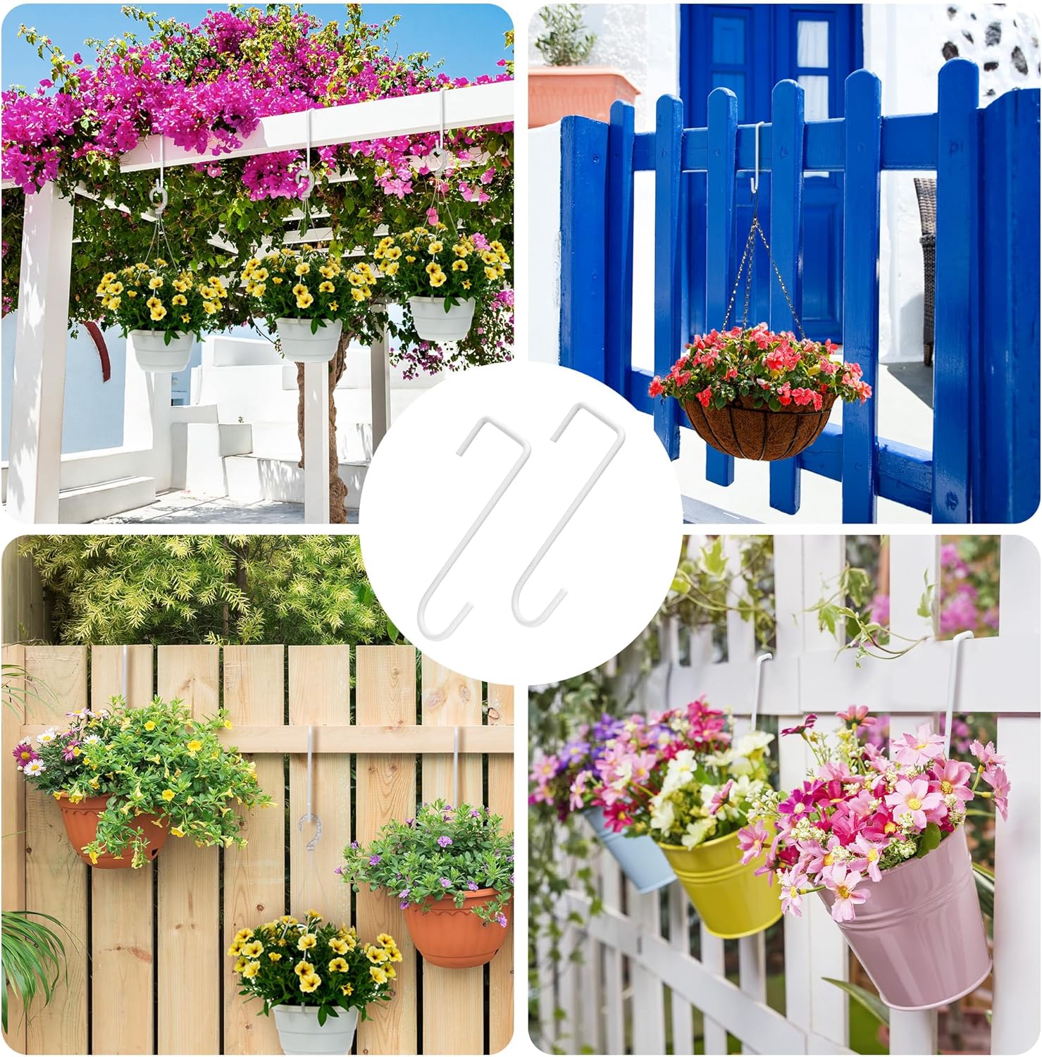 24PCS Vinyl Fence Hooks, 2 x 6 Inches White Powder Coated Fence Hangers Metal Patio Hooks for Hanging Plants & Planters, Lights, Pool Equipment, Bird Feeder