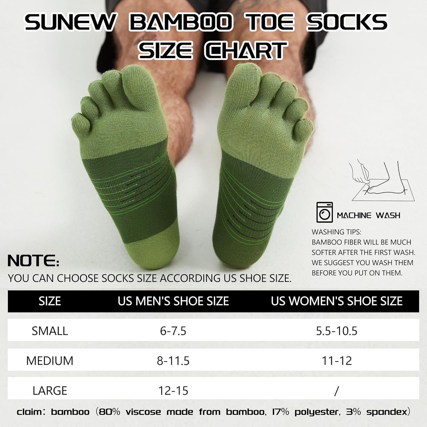 Sunew 3 Pairs Toe Socks for Men Women,Viscose Bamboo Breathable Athletic Running Five Finger Ankle/Quarter Socks - Image 4
