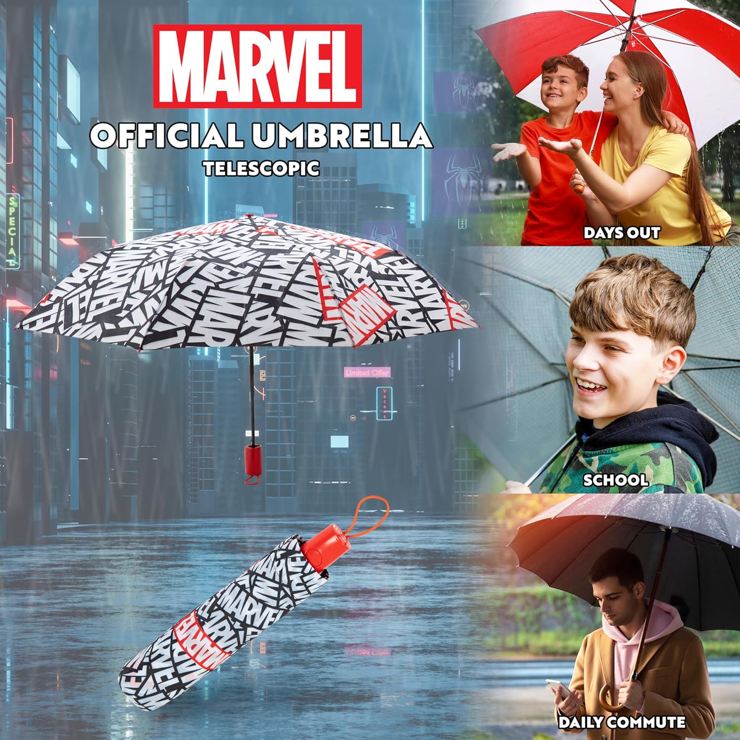 Marvel Kids Umbrella - Folding Telescopic Umbrella, Easy to Open and Close - Lightweight for Travel, School