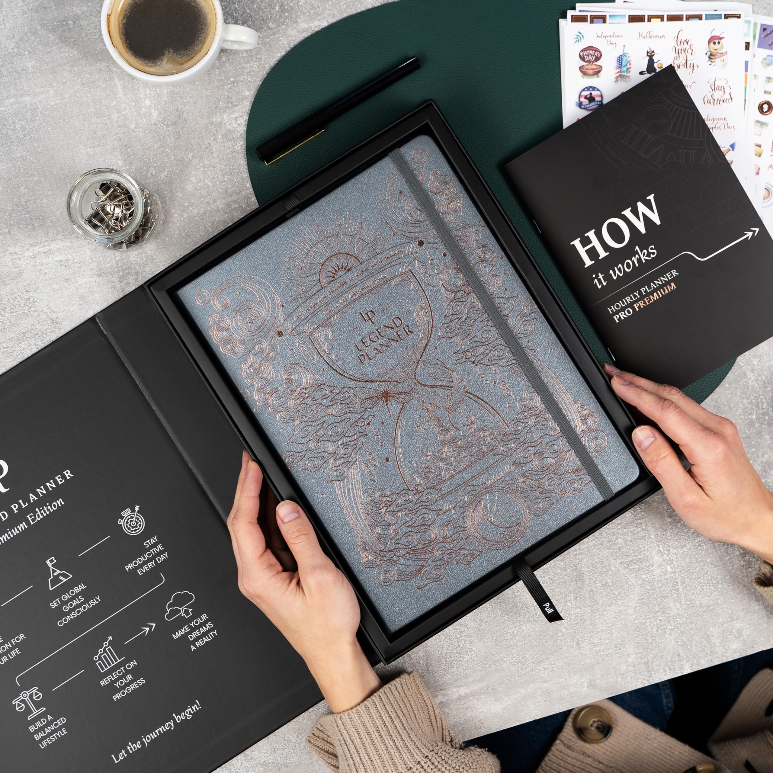 Legend Planner orario Pro Premium – Pianificatore non datato con fasce orarie – Agenda personale settimanale, mensile e giornaliera, formato A4 (grigio mistico)
