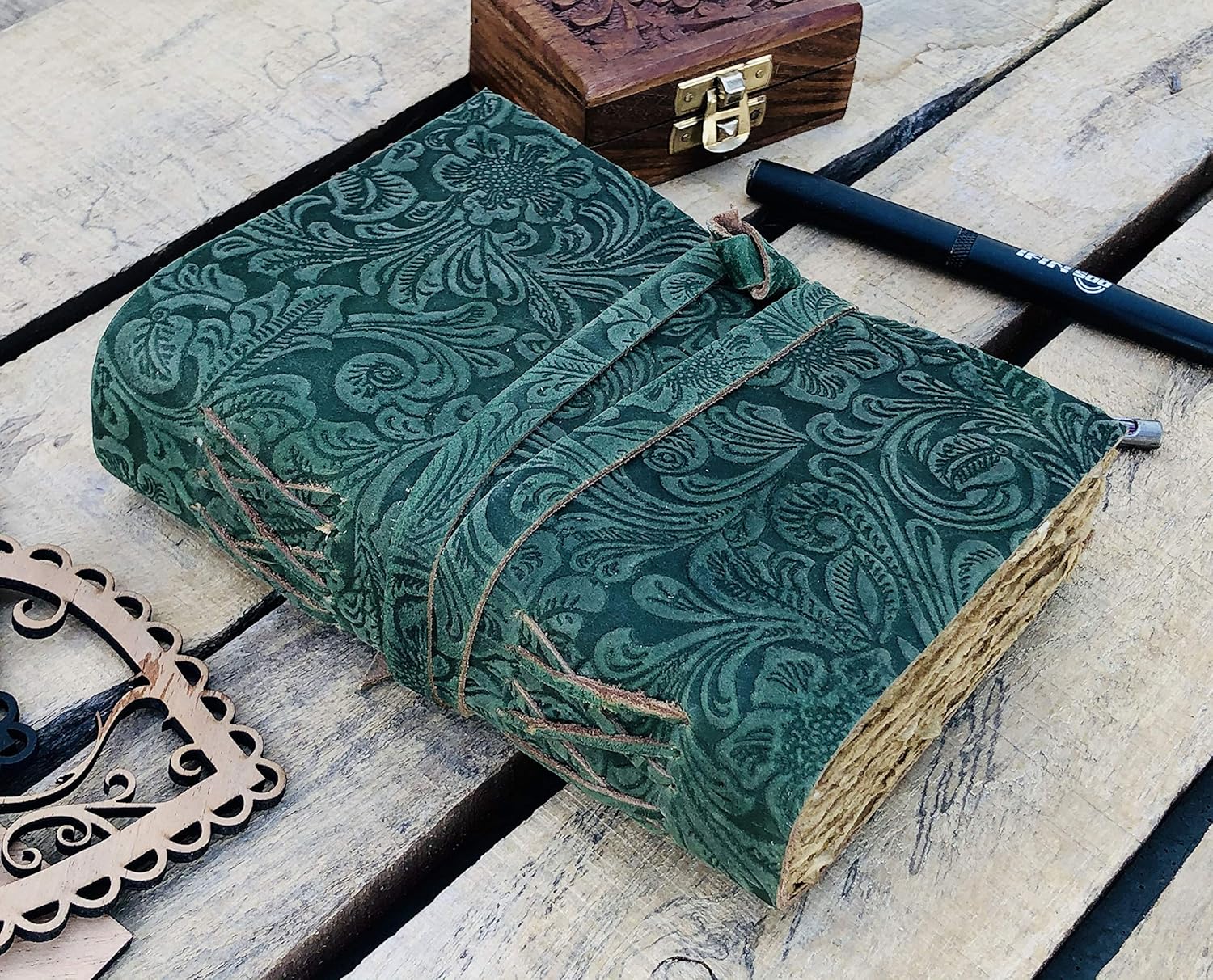 Jilani handicraft Leather Journal-Leather Bound Journal Deckle Edge Vintage Paper- Floral Embossed Book of Shadows - Leather Sketchbook-(7 x 5)- WeedGreen, Medium