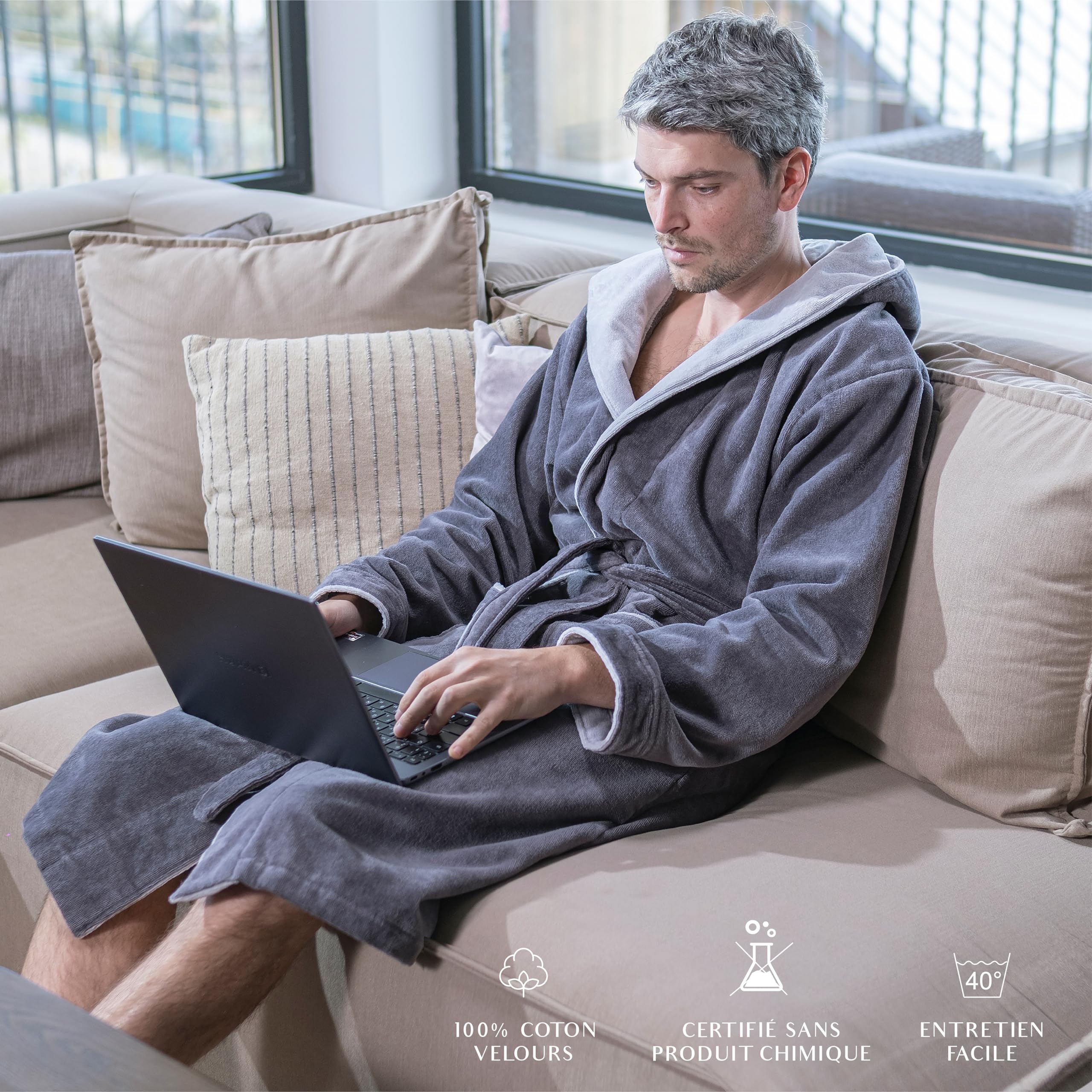 Twinzen Peignoir Homme Eponge avec Capuche - 100% Coton Velours Premium OekoTex - Robe de Chambre Homme Peignoir de Bain Homme Eponge Ultra Doux