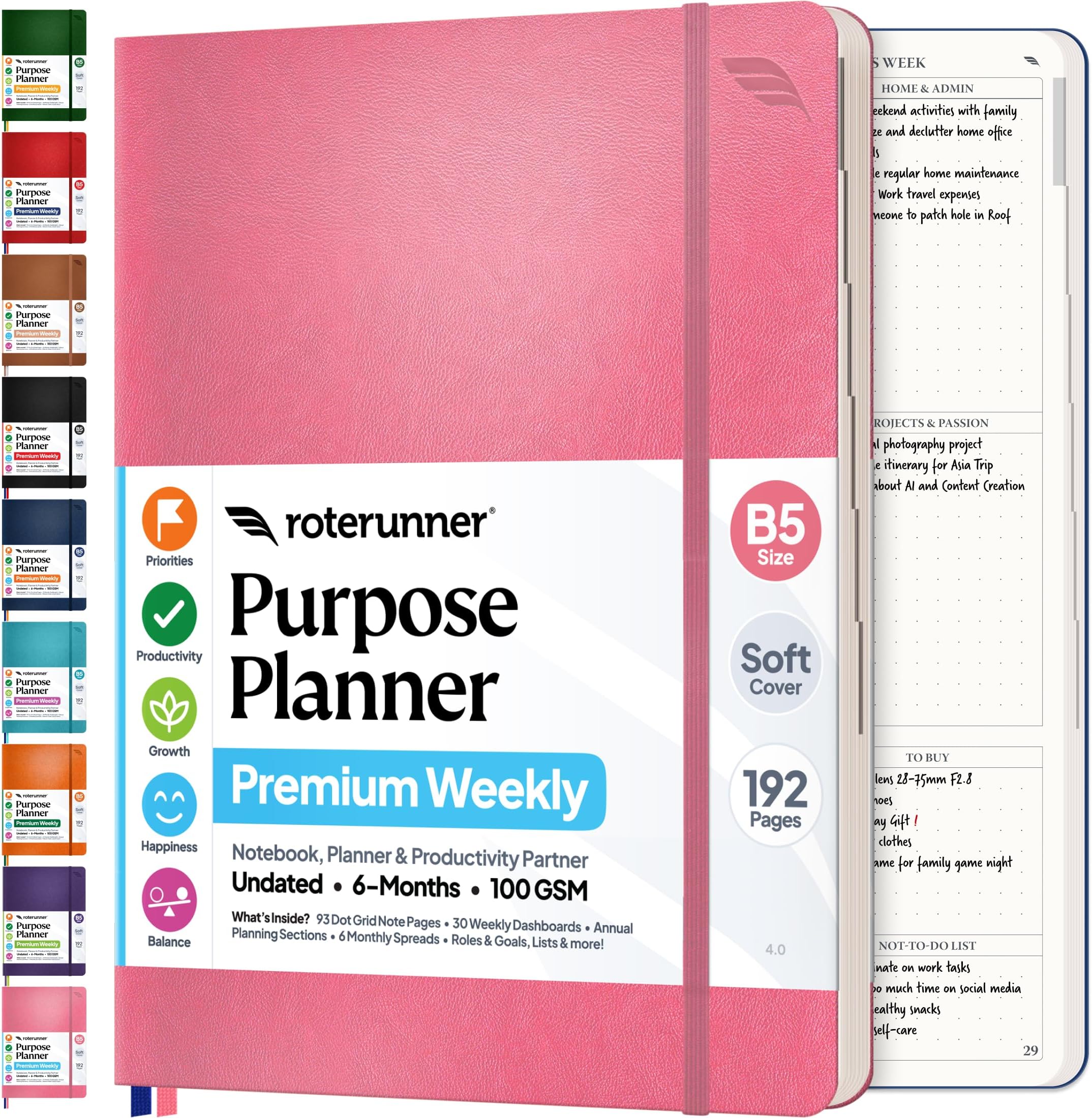 Roterunner Purpose Planner Notebook B5 7.5”x9.8” Undated 2026 Daily Weekly and Monthly Productivity Goal Setting Tool for Work Home ADHD Planner for Adults Self Care Journal