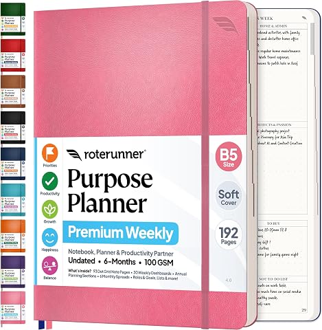 Roterunner Purpose Planner Notebook B5 7.5”x9.8” Undated 2026 Daily Weekly and Monthly Productivity Goal Setting Tool for Work Ho…