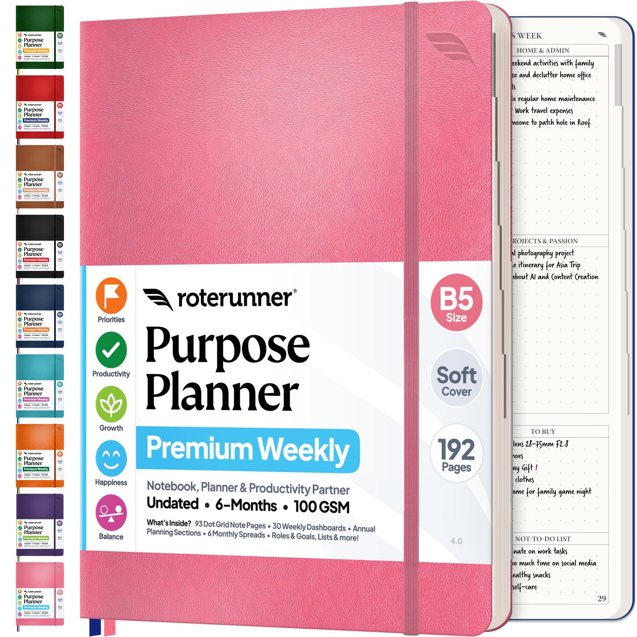 Roterunner Purpose Planner Notebook B5 7.5โx9.8โ Undated 2026 Daily Weekly and Monthly Productivity Goal Setting Tool for Work Home ADHD Planner for Adults Self Care Journal (Pink Softcover)