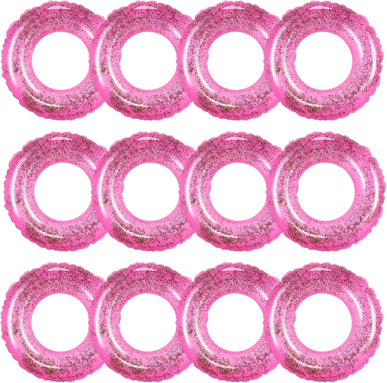 JarThenaAMCS 12Pcs Inflatable Pool Floats Swim Tubes Rings Inner Glitter Sequin Hot Pink Swimming Pool Tube Toys for Kids Teen Boys Girls Outdoor Summer Beach Water Party Favors Supplies