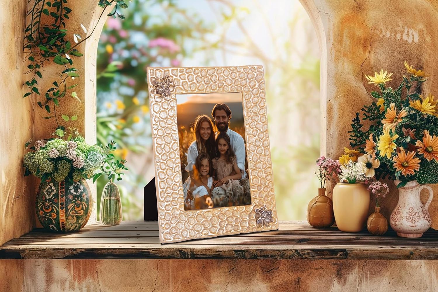 AHC HOME & LIVING Bee Picture Frame – Gold 4x6 Bumble Bee Decor, Honeycomb Metal Frame for Tabletop & Wall Display, Perfect Bee Lover Gift