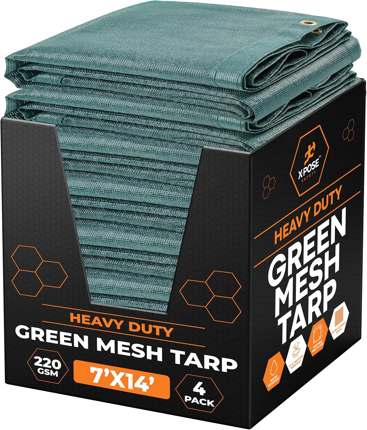 Xpose Safety Heavy Duty Green Mesh Tarp 7' x 14' (4-Pack) – 70% Sunblock Shade Cloth with Grommets for Garden, Fence, Privacy Screen, Canopies, Dump Trucks, Pool Cover – Tear & Weather Resistant