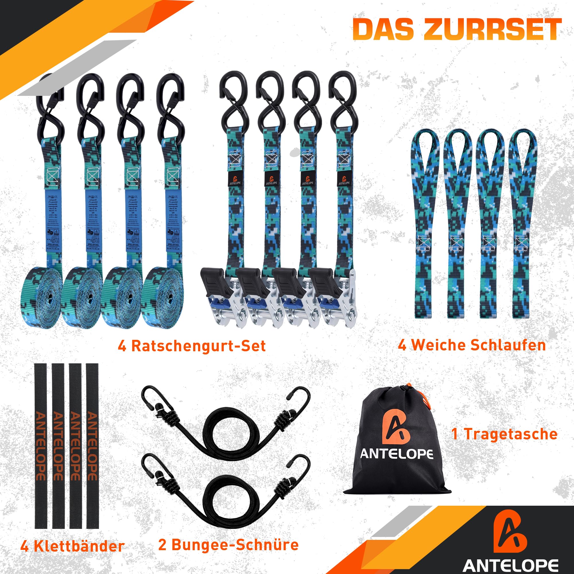 A ANTELOPE 4 Set Spanngurte mit Ratsche und Haken, Ratschengurt, EN 12195-2 | 25mm x 4m, TÜV/GS, Zurrgurte mit Ratschen Satz 900kg Bruchfestigkeit, Motorrad Spanngurte für Umzüge und Fracht, Tarnblau