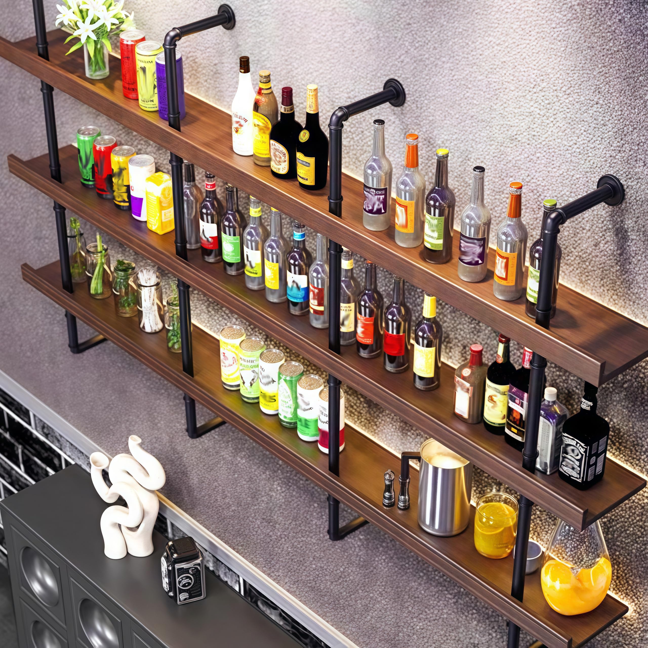 100CM Grande Portabottiglie Da Parete con illuminazione a LED,3 Livelli Supporto Vetro in legno massello in stile industriale vetrinetta da parete Pensile bar, ristoranti e case