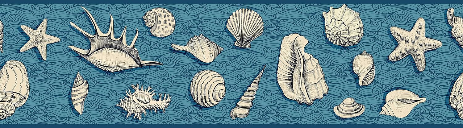 Grace & Gardenia GB10022g8 Seashells On Waves Nautical Peel and Stick Wallpaper Border 8in Height x 15ft Dark Blue Gray Designs