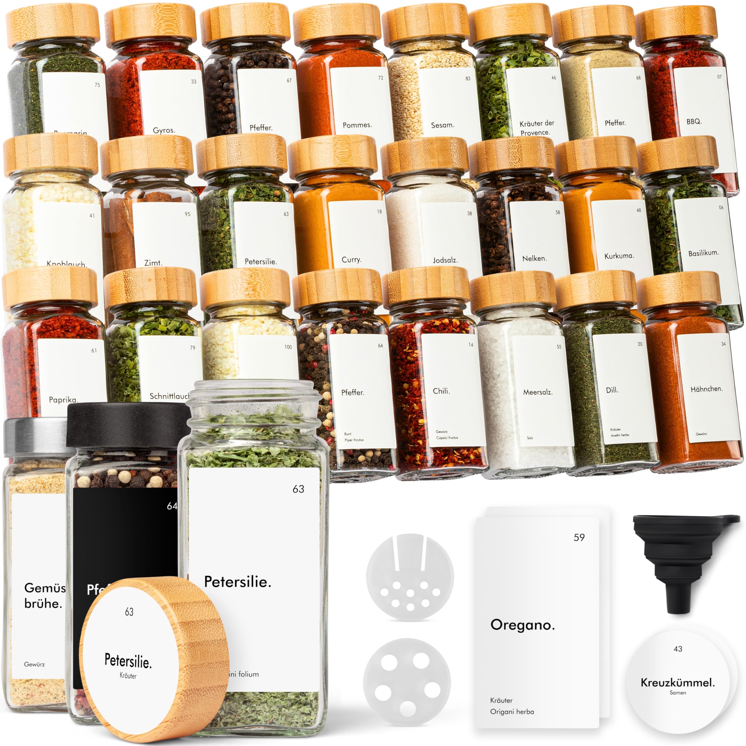 KIVY Gewürzgläser mit Streueinsatz [24x 120ml] + 240 Wasserfeste Label - Luftdichte Gewürzgläser eckig