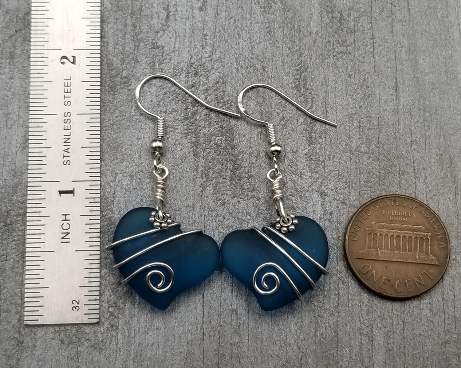 Special Handmade Sea Glass Earrings, Hawaiian Jewelry, Wire Twin Heart Earrings, Beach Jewelry For Women Birthday Gift