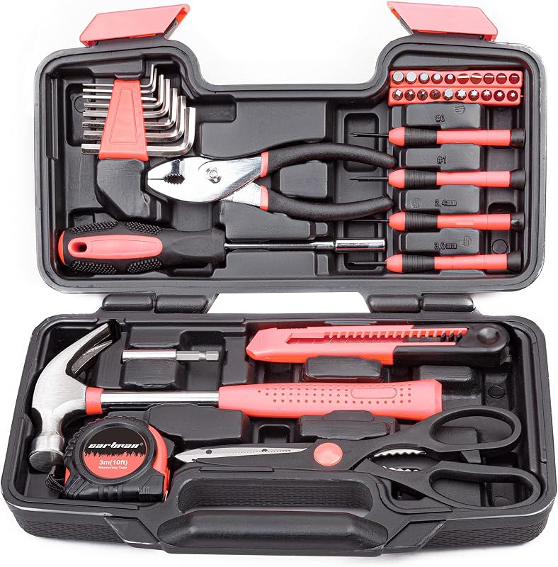 CARTMAN Juego de utensilios para el hogar de 39 piezas, kit de mano rosa con estuche de almacenamiento | Surtido completo para reparaciones del hogar, proyectos de bricolaje, instalación de muebles, manualidades y arreglos domésticos diarios en una caja de herramientas.