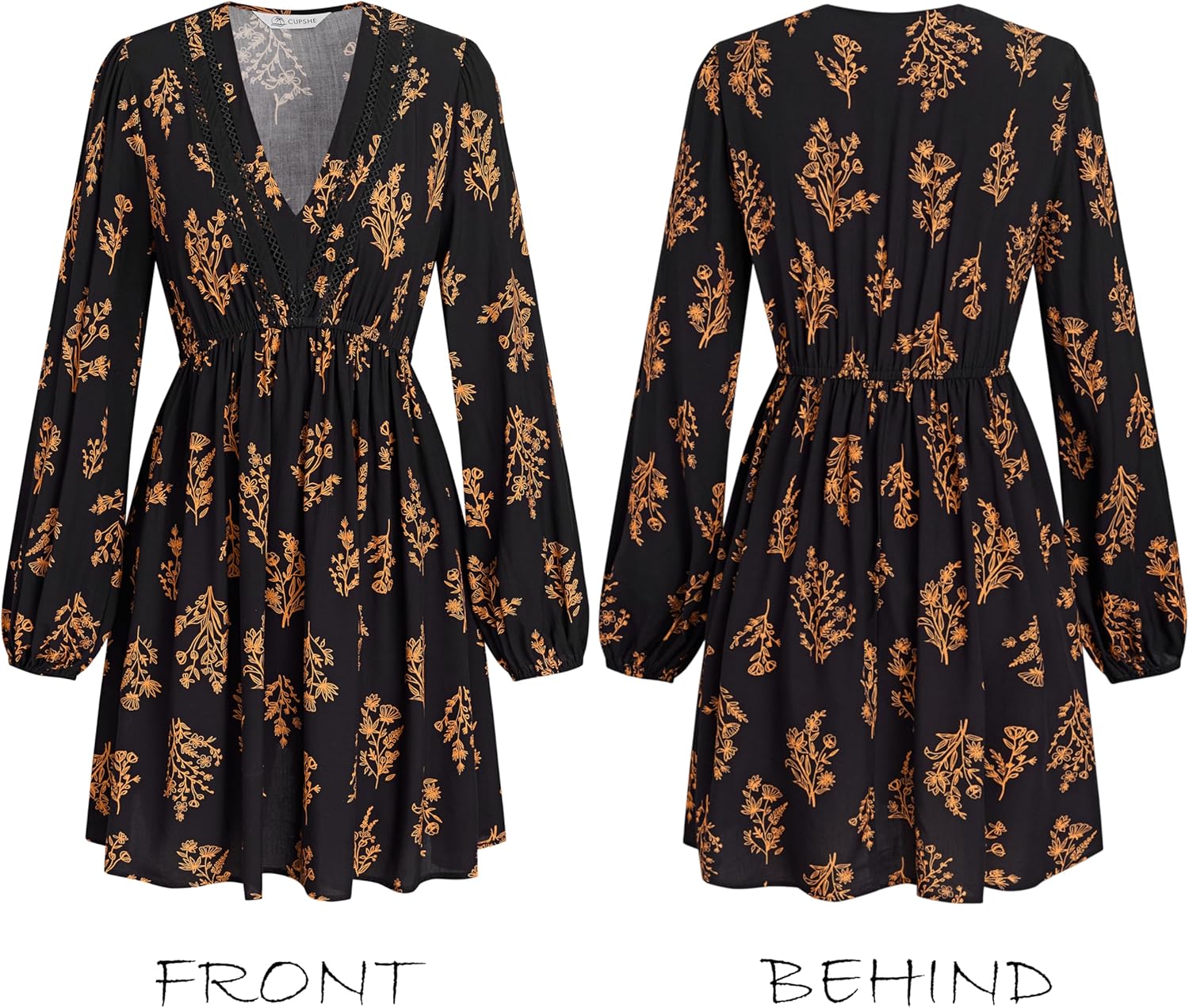 CUPSHE Women's Fall Dresses Floral V Neck Lace Cutout Long Sleeve Smocked A Line Mini Dress - Image 6