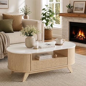 46.4" Fluted Oval Coffee Table with Drawer, Modern Center Table