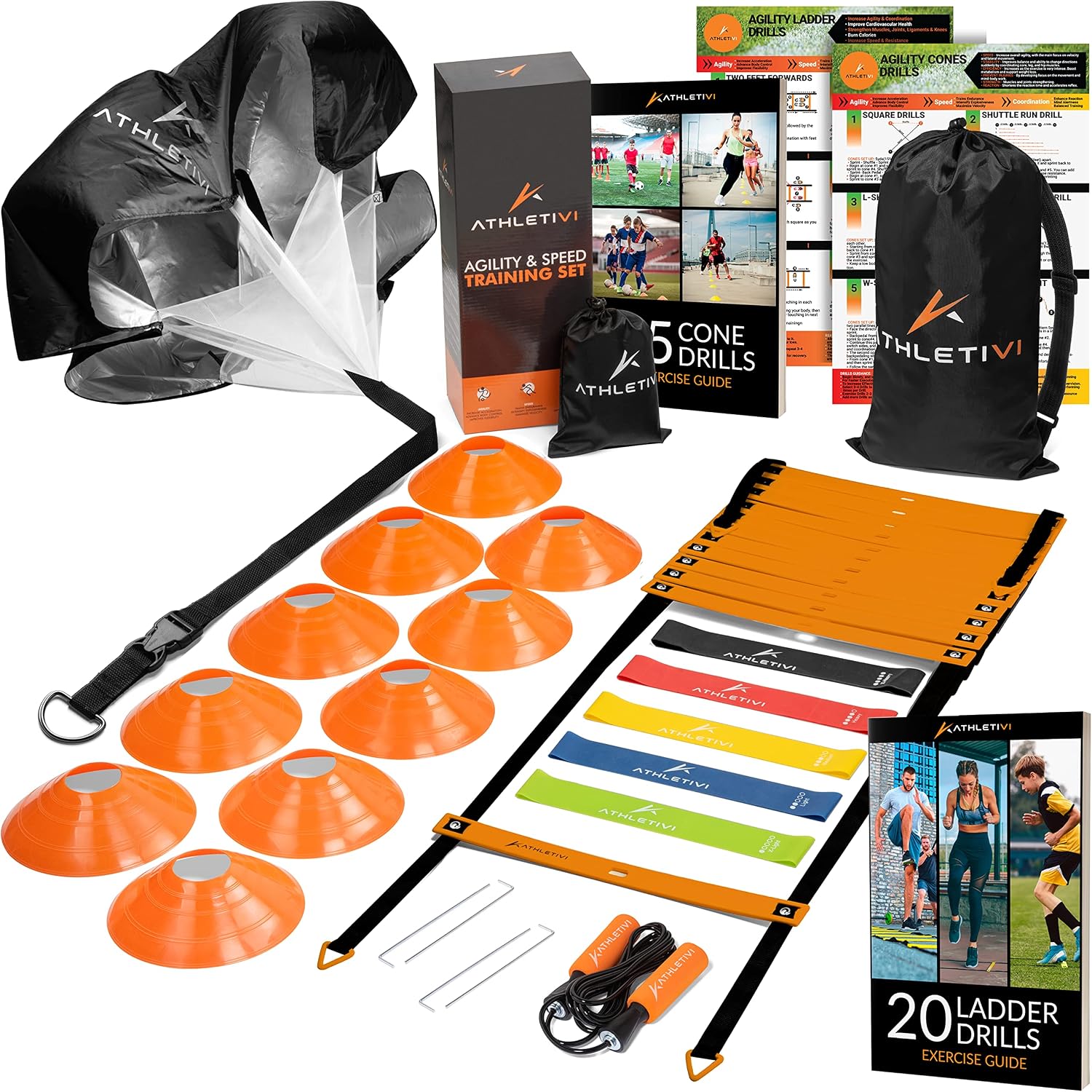 Athletivi Speed & Agility Set - Maximize Self-Improvement with Fixed-Rung Ladder, Cones & Parachute for Football, Soccer & More! Enhance Coordination & Boost Speed.
