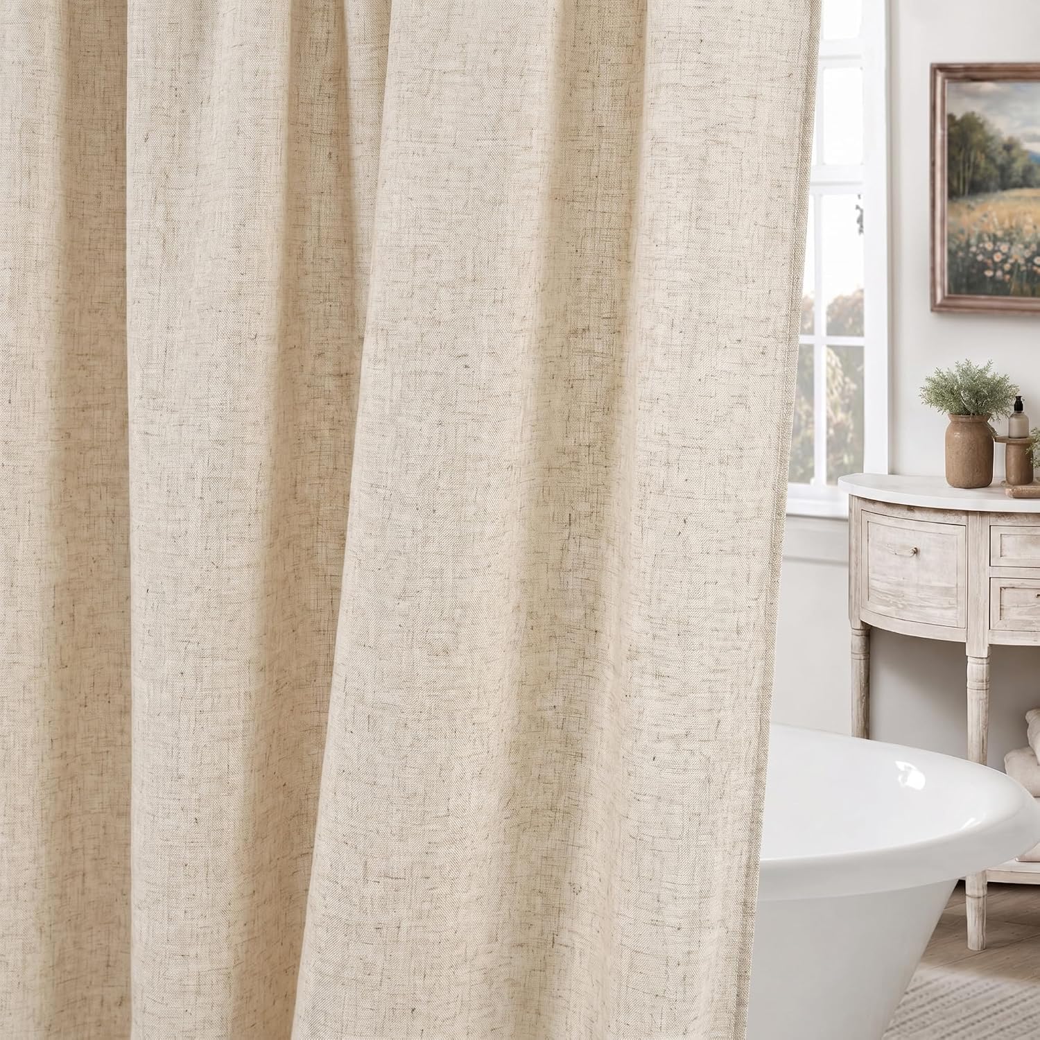 Seasonwood Linen Shower Curtain Neutral Vintage Farmhouse Linen Shower Curtains for Bathroom Boho Bathroom Decor with 12 Sturdy Stainless Steel Sliding Hangers(Beige,72x72 Inches)