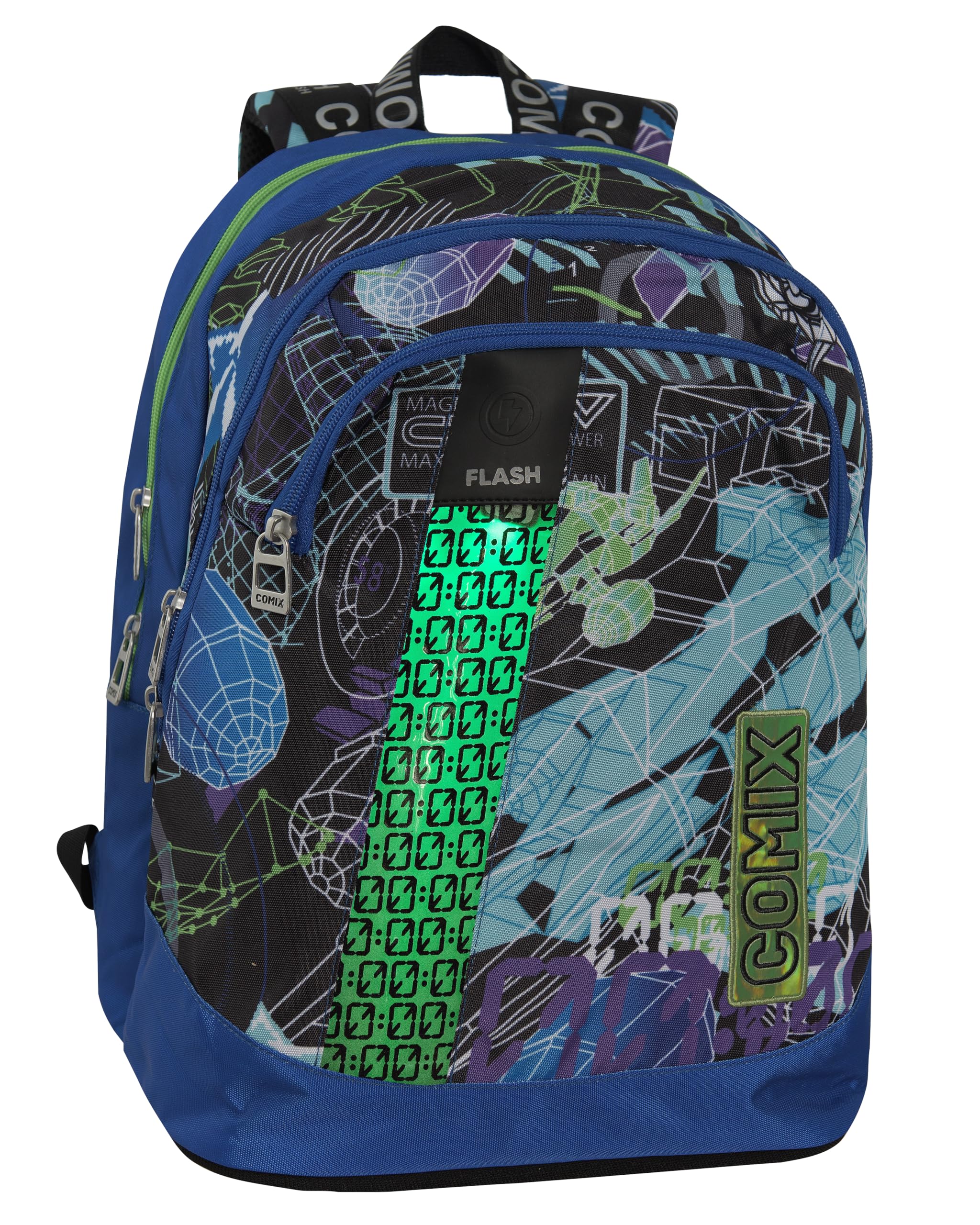 COMIX FLASH - Zaino Organizzato Scuola Media, Superiore e Elementare con 2 Ampi Spazi Centrali e Spallacci Regolabili, Vano Frontale a Zip e Tasche Laterali, Nero/Giallo - 32x43Hx23, 31 L