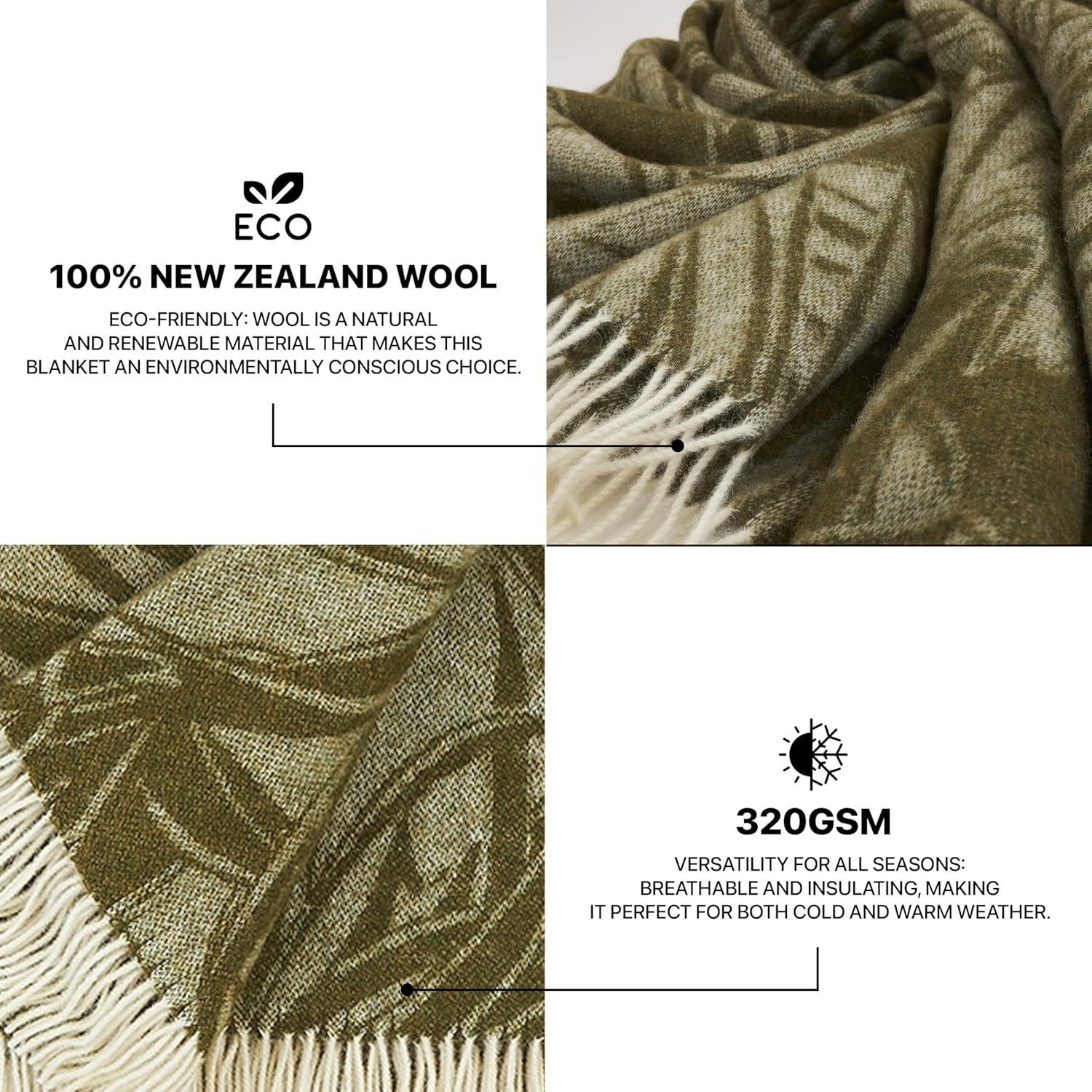 | Wool Blanket/Throw | 100% New Zealand Wool | Perfect for Home and Outdoors | Virgin Wool Blanket with Fringes 55"x79" (140 x 200 cm) (Olive Leaves)