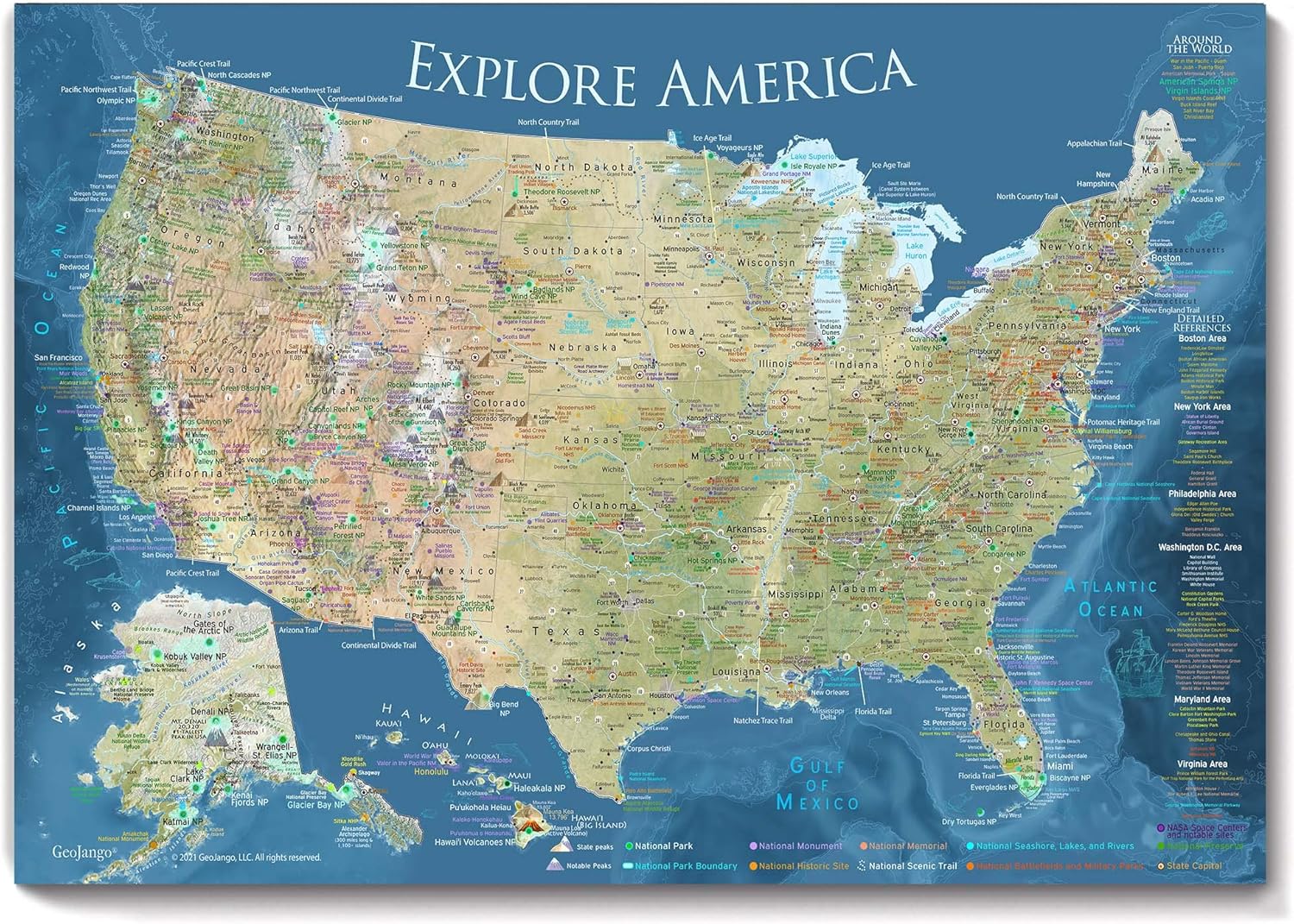 National Parks Poster Map with terrain and USA Interstates, All NPS Sites, Landmarks, Highest Peak by State Poster - Explore America - Voyager Edition (36x24 inches)
