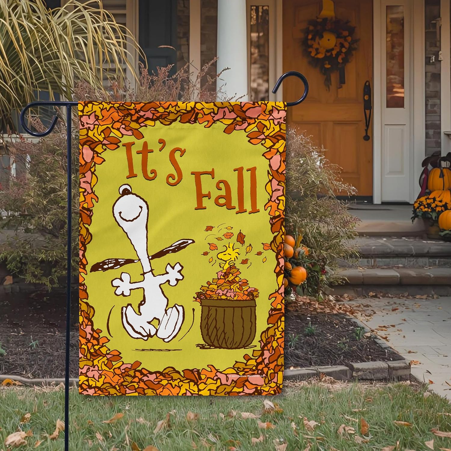 Flagology, PEANUTS Snoopy Woodstock Leaf Pile Fun Garden Flag 12" x 18", Officially Licensed PEANUTS, Fall, Autumn