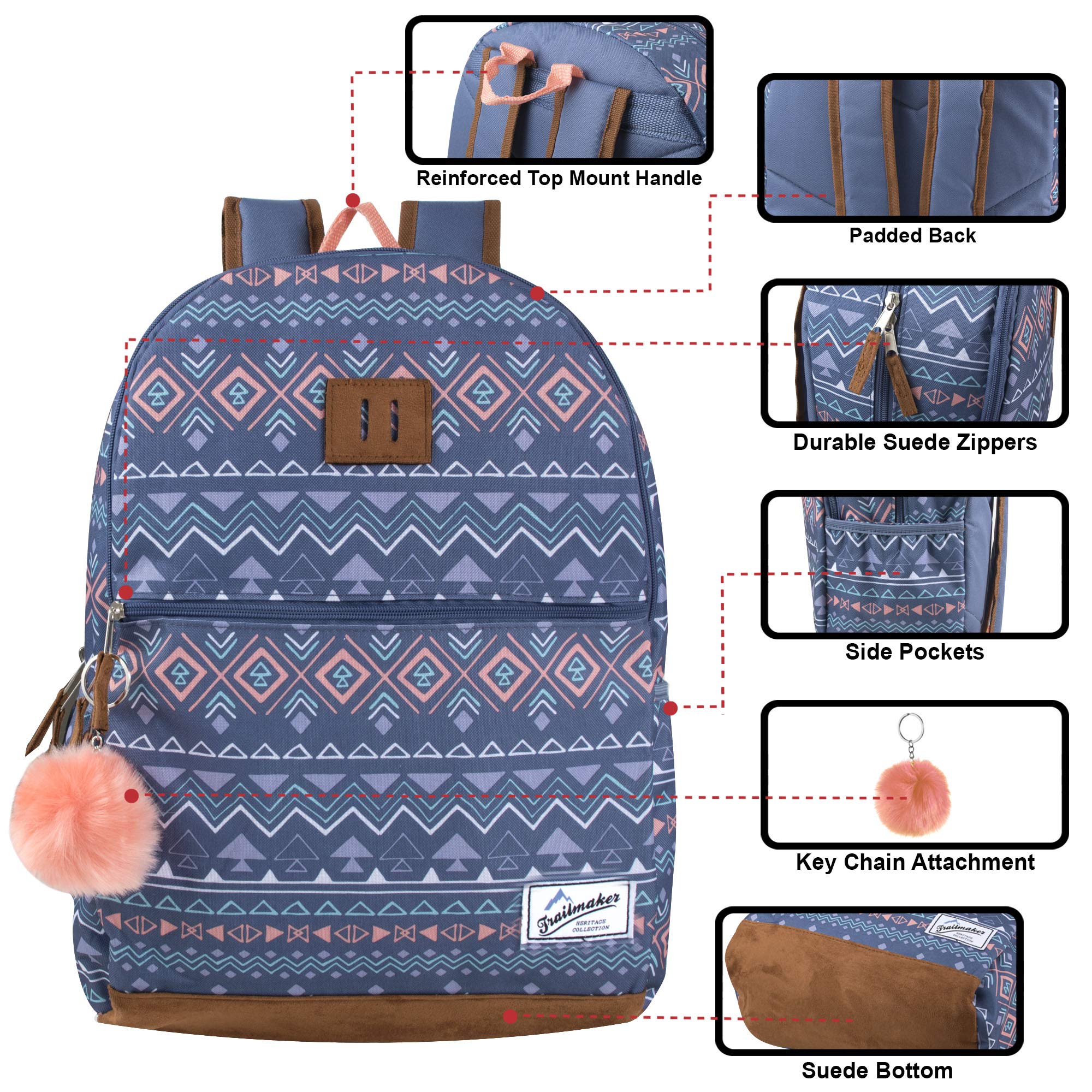 Girls Fashion Backpack With Reinforced Vinyl Bottom and Bonus PomPom Keychain