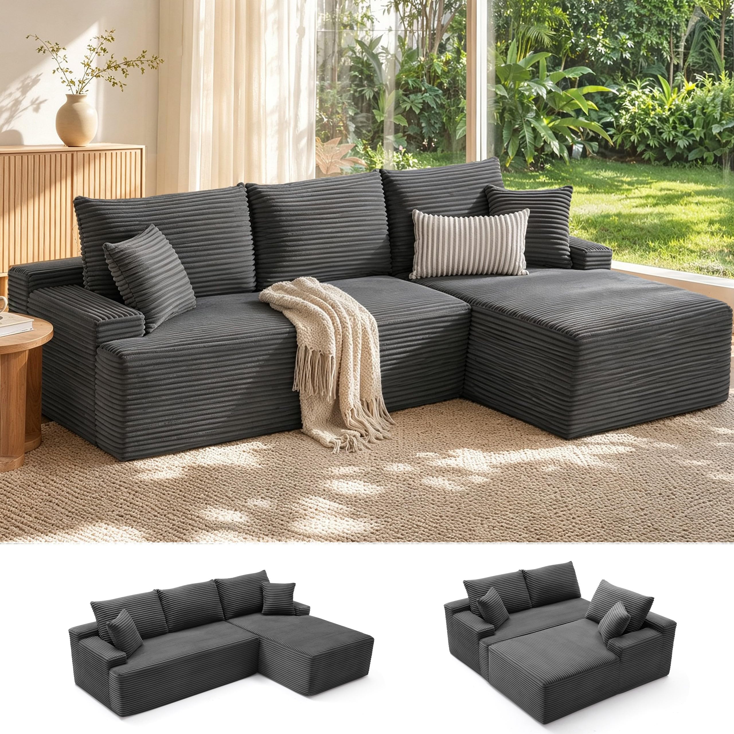 Mangodan Cloud Sectional Sofa, Boneless Couch for Living Room, Dark Grey