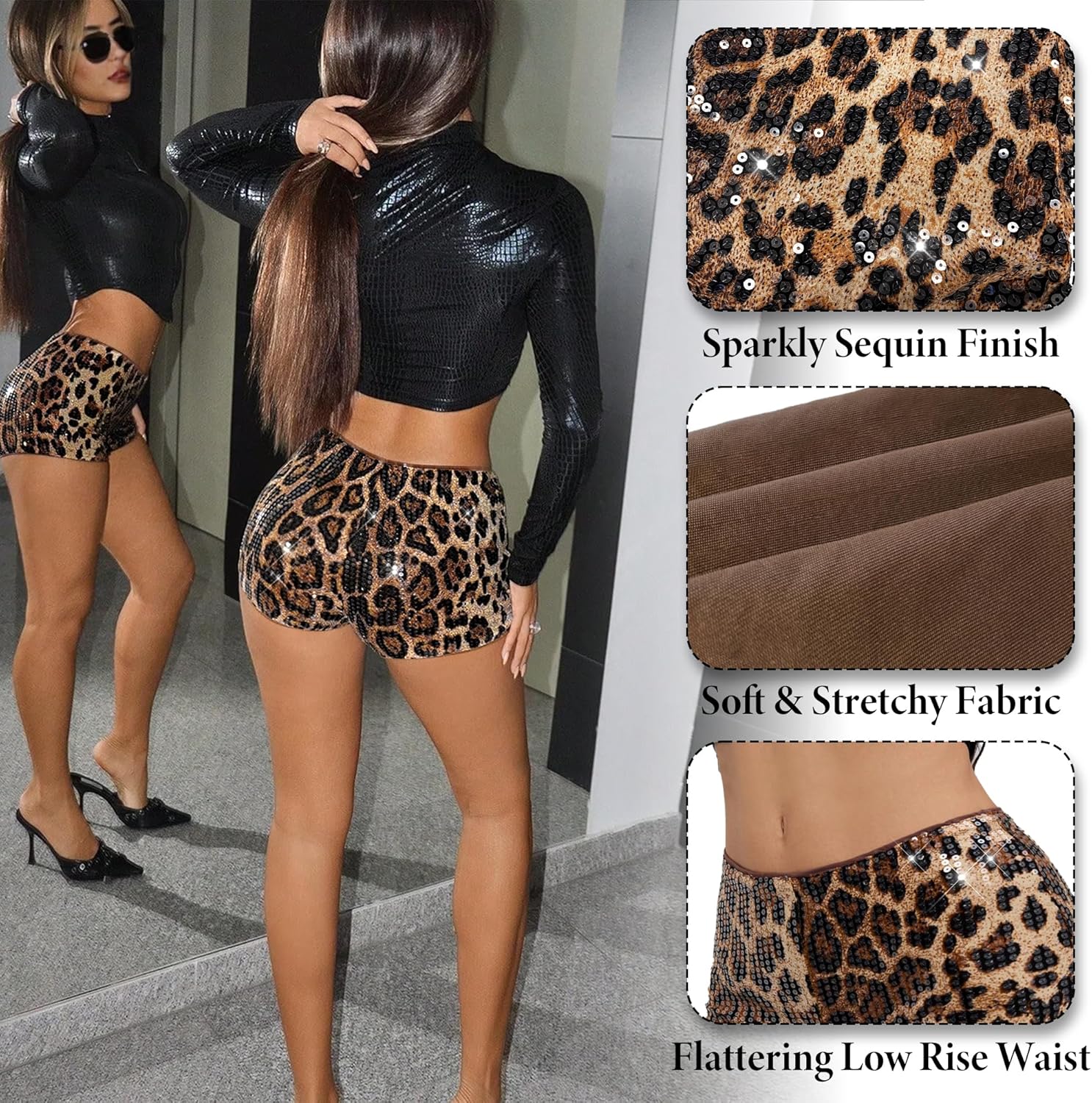 Ammiko Women's Cheetah Print Micro Shorts Sequin Leopard Shorts Low Rise Y2k Sexy Short Mini Rave Booty Club Outfits - Image 3