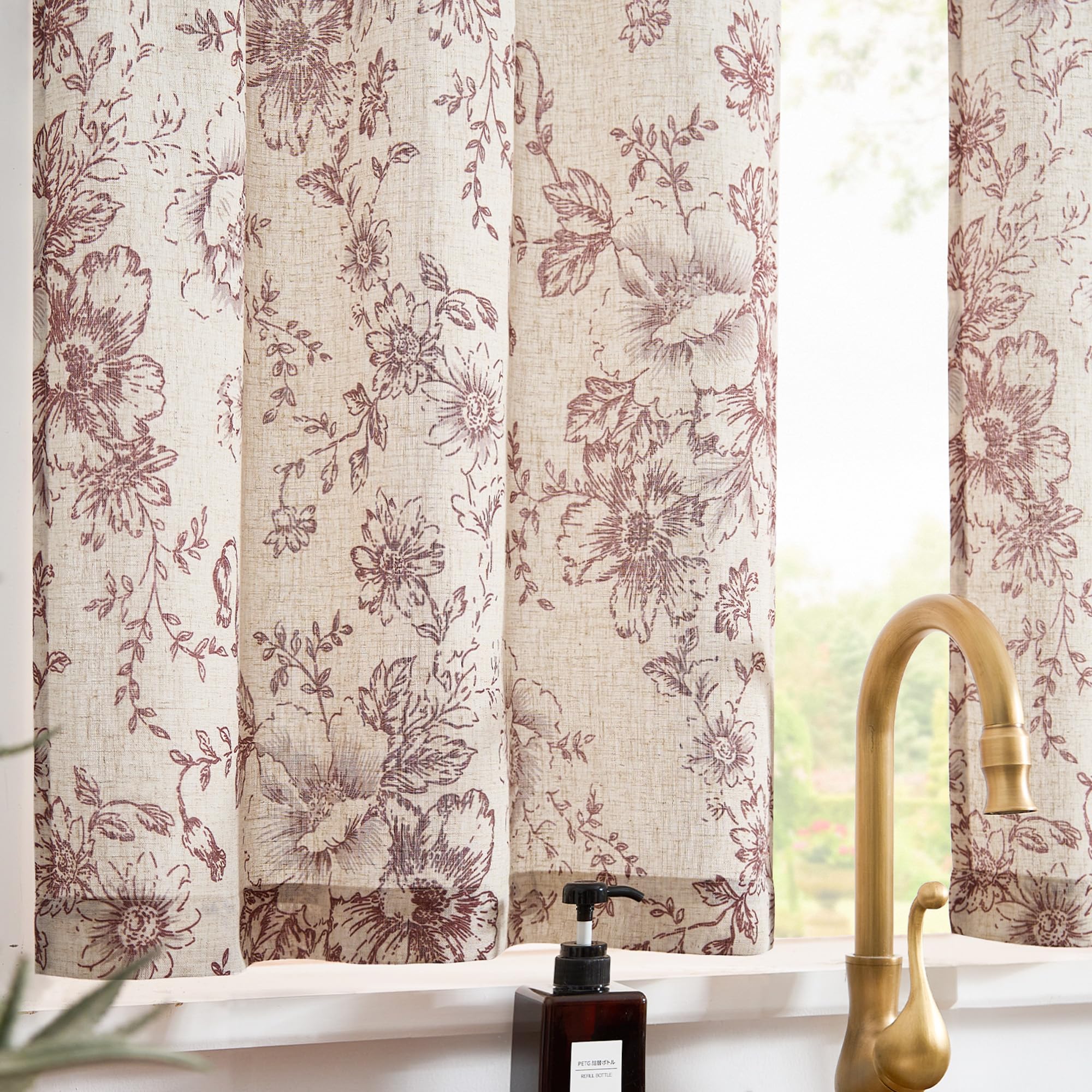 TOPICK Linen Blend Red Floral Kitchen Curtains 24 Inch Drop Small Cafe Curtains Light Filtering Short Curtain Tiers for Bathroom Sink Rod Pocket 2 Panels - Image 3