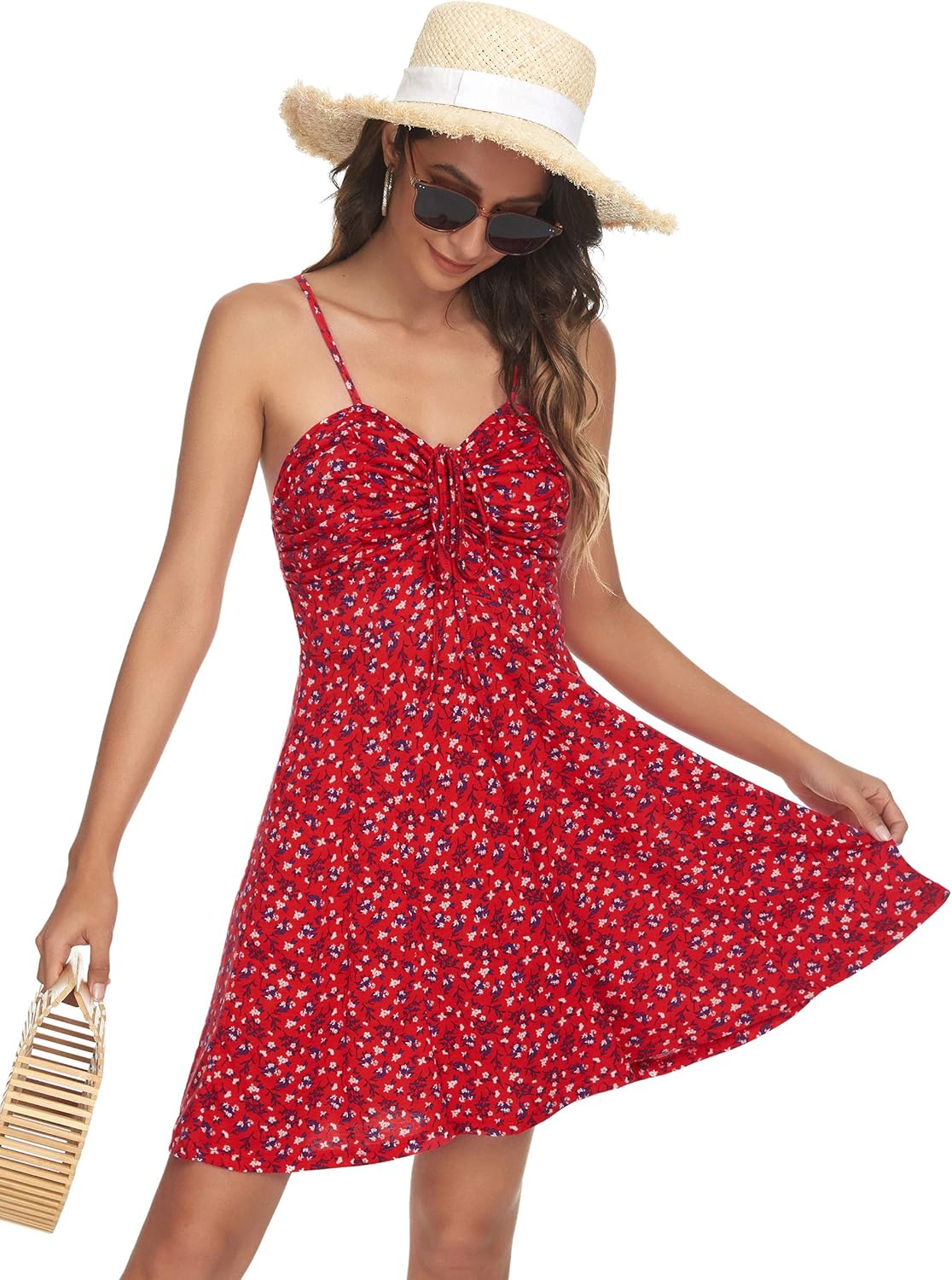Missufe Spaghetti Strap Floral Mini Dress Women's Casual Ruched Front Drawstring Swing Sundress - Image 4