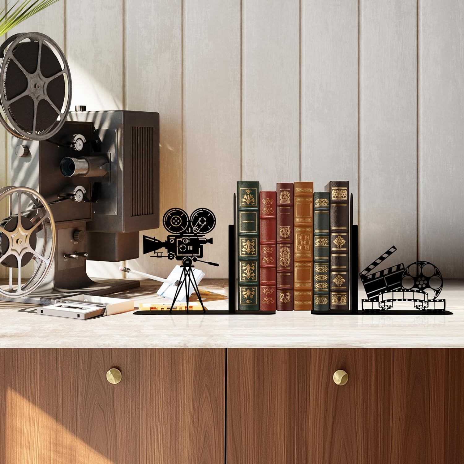 Vintage Camera Movie Reel Patterned Metal Bookend, Home Theater Decor Book Ends 17 x 5.5 inches, Movie Room Accessories Gifts for Movie Lovers, Movie Themed Cine Film Decorative Bookshelf Decor
