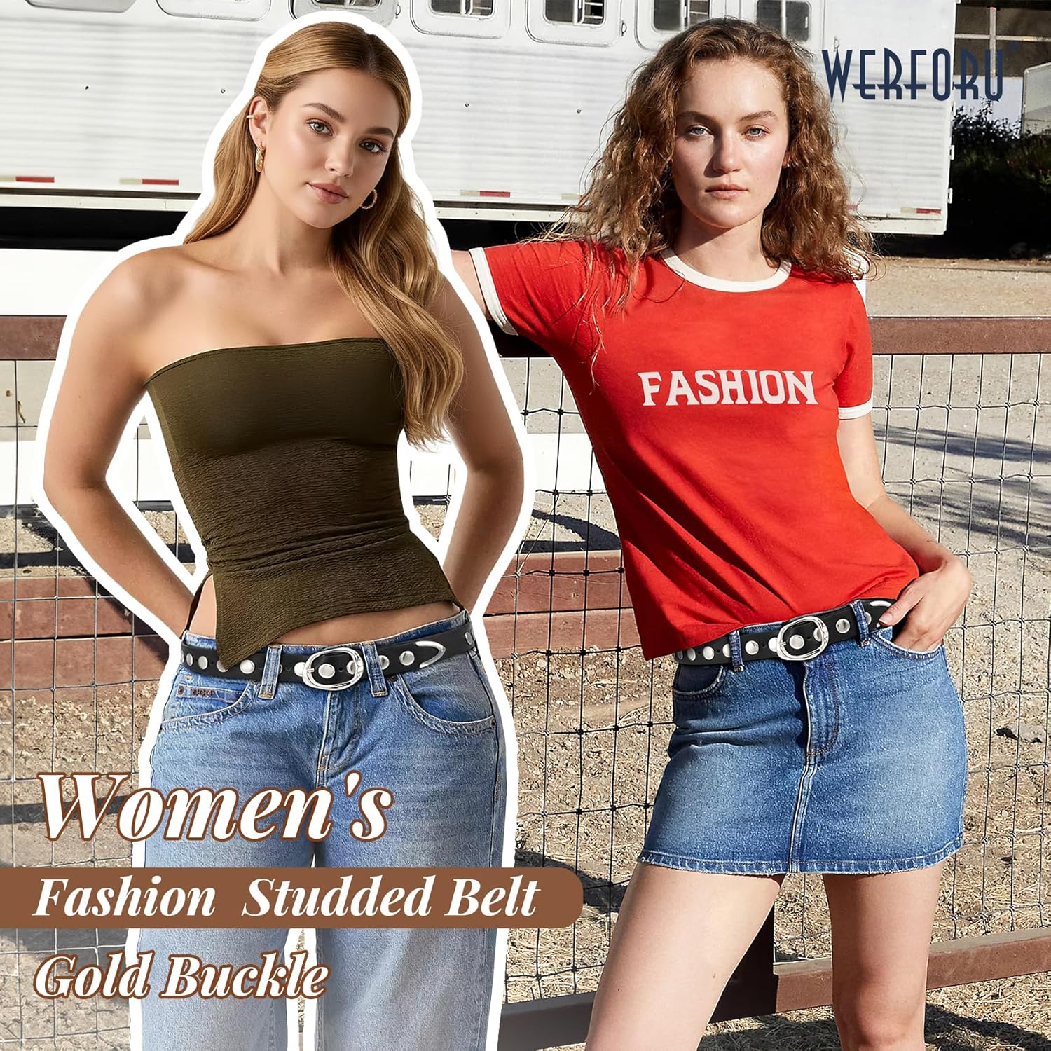 WERFORU Women Fashion Leather Belts for Jeans Pants Studded Leather Belts for Women Casual Waist Belts with Gold Buckle - Image 4