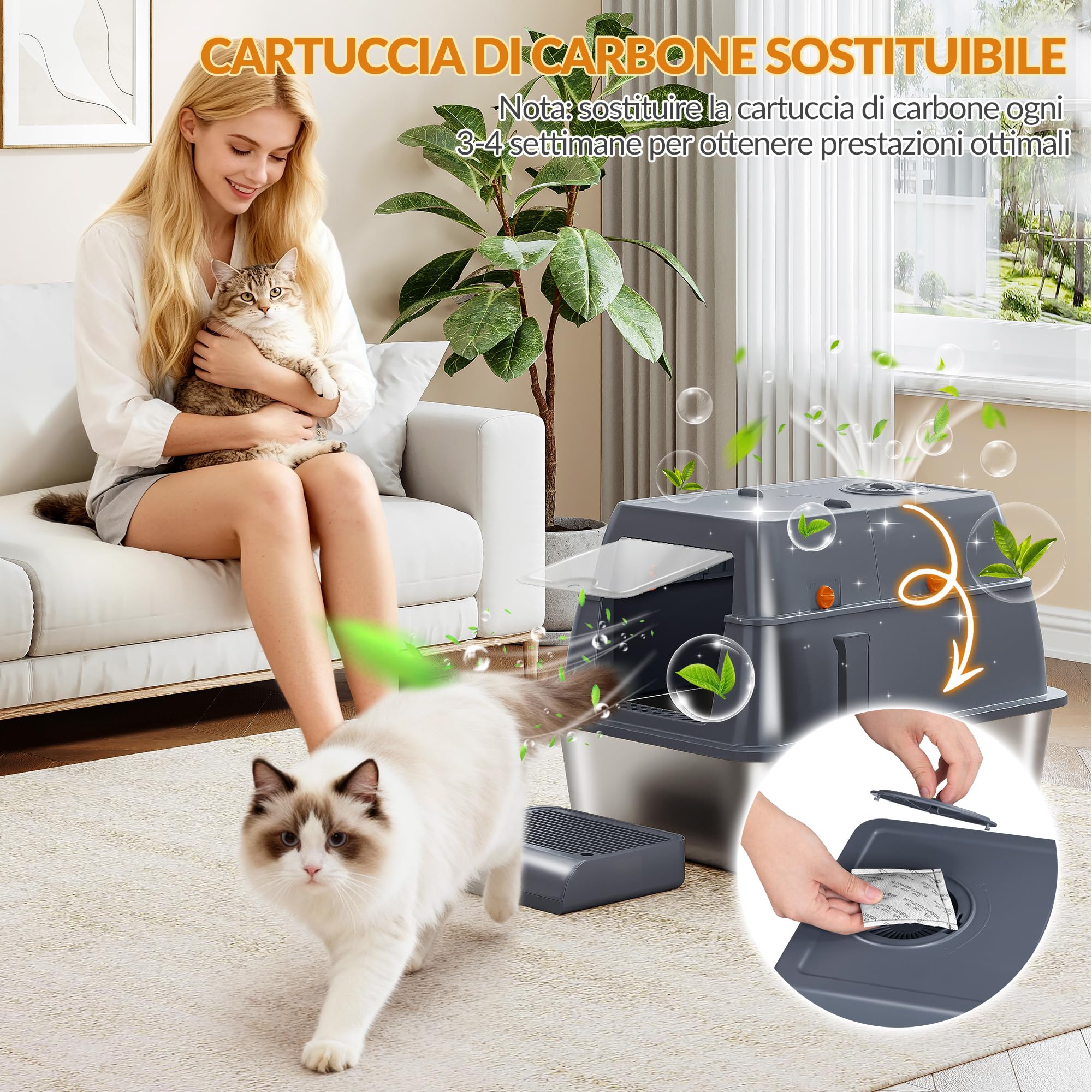 Lettiera Acciaio Inox Gatto XXL, 61 x 41 x 40 cm, Grigio Scuro | Lettiera Gatto Chiusa con Coperchio, Coperchio Incernierato a 180°, Pedale e Paletta, Facile da Pulire, Design Modulare